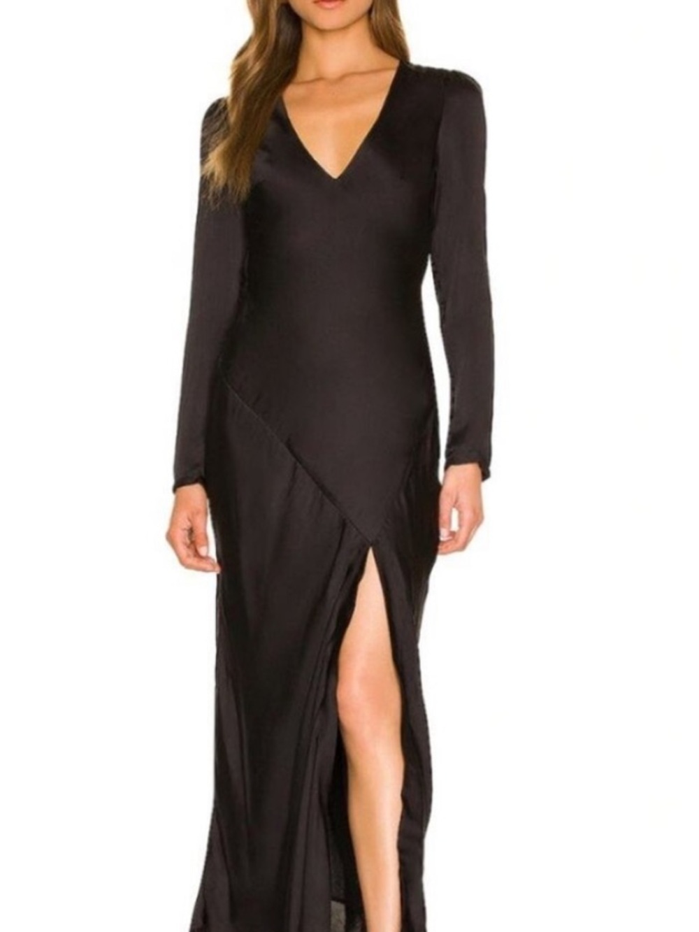 Bardot Black Long Sleeve V-Neck Maxi Dress with Side Slit